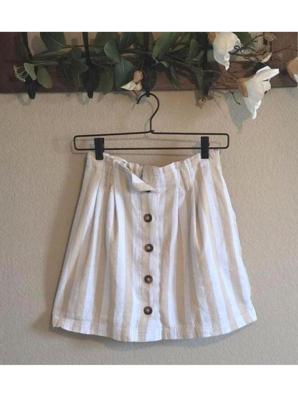Hollister Beige and White Striped Button-Front Skirt
